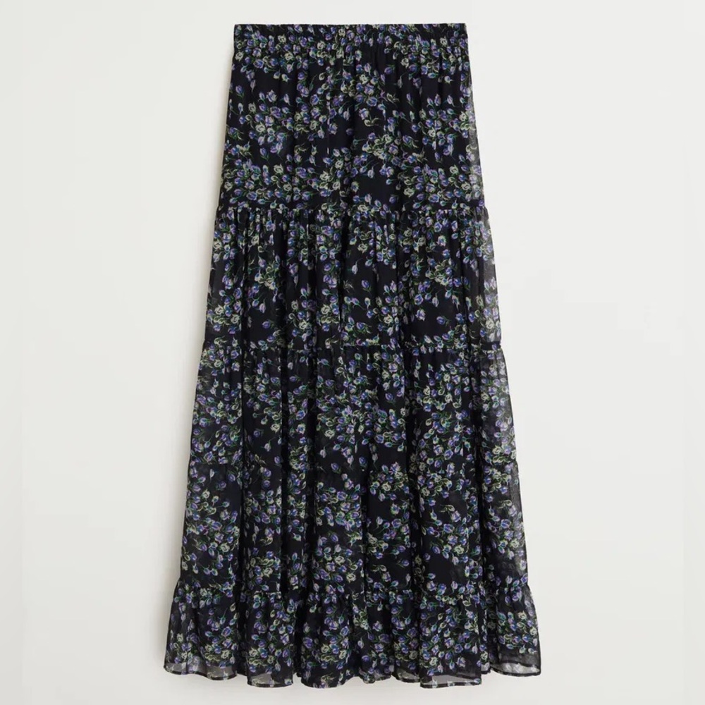 Mango Matching Set! XS/S Maxi Skirt + Blouse- Black Tiered- Purple Floral Print - Picture 3 of 14